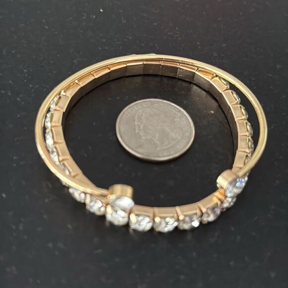 Set of 2 Gold Tone Bracelets with CZ Accents — Open Bangle Cuff and Stretch Duo - Picture 8 of 9